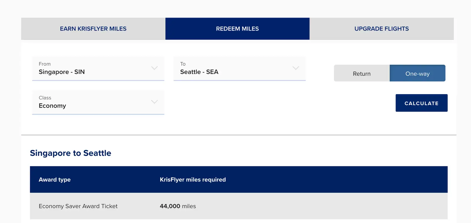 Singapore KrisFlyer published award chart (SQ-SINSEA-Y)