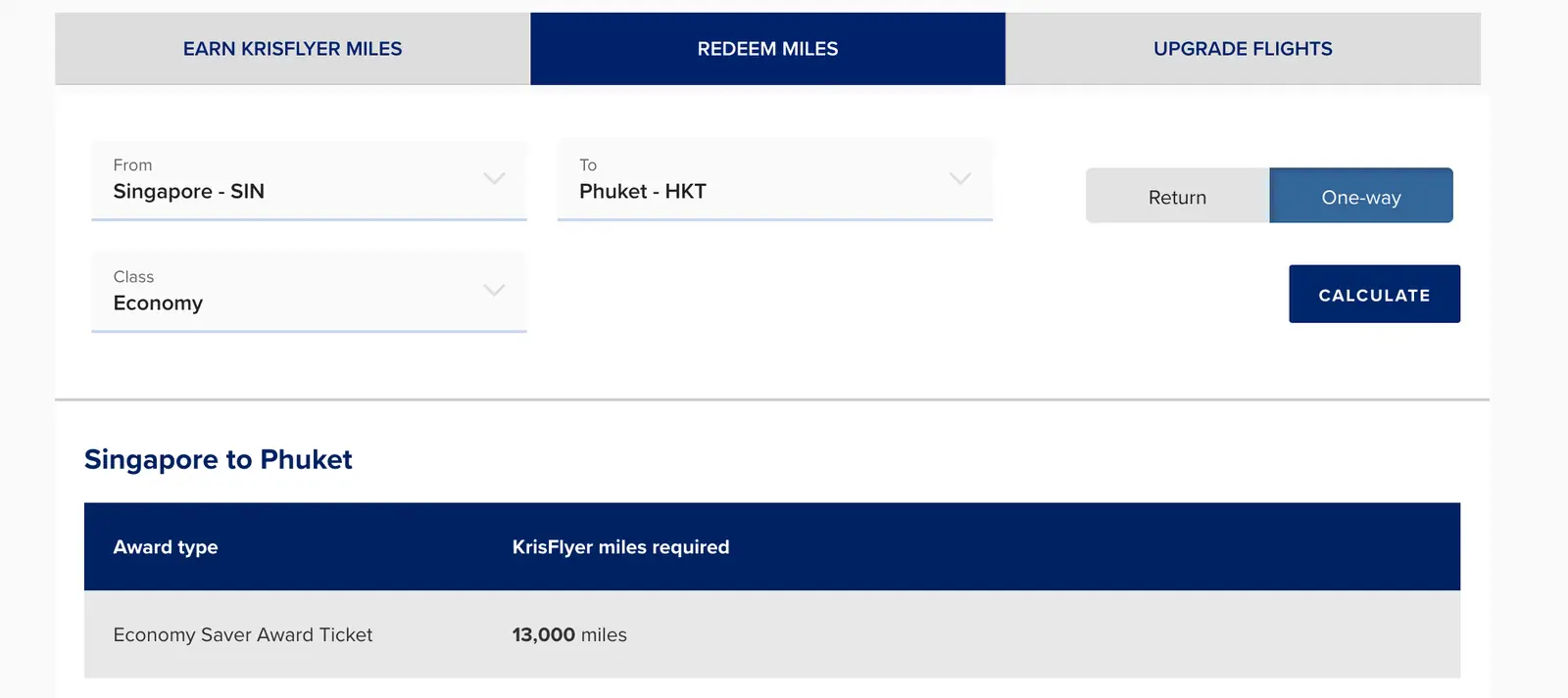 Singapore KrisFlyer published award chart (SQ-SINHKT-Y)