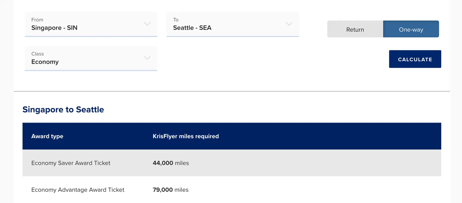 Singapore KrisFlyer published award chart (SQ-SINSEA-Y)